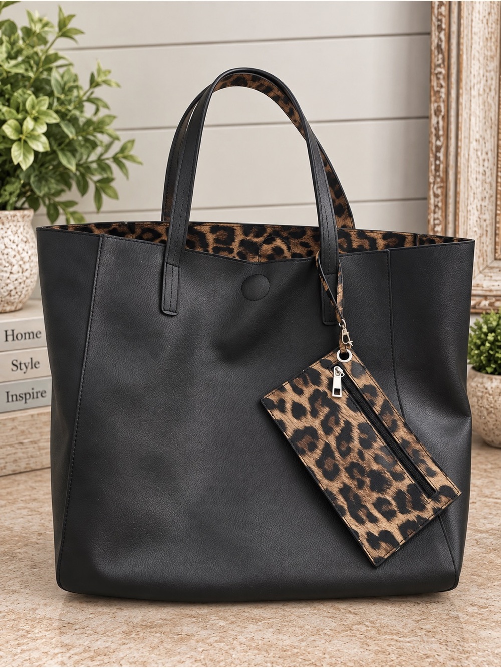 Large Black Tote Bag – 21” x 15” – Leopard Print Interior